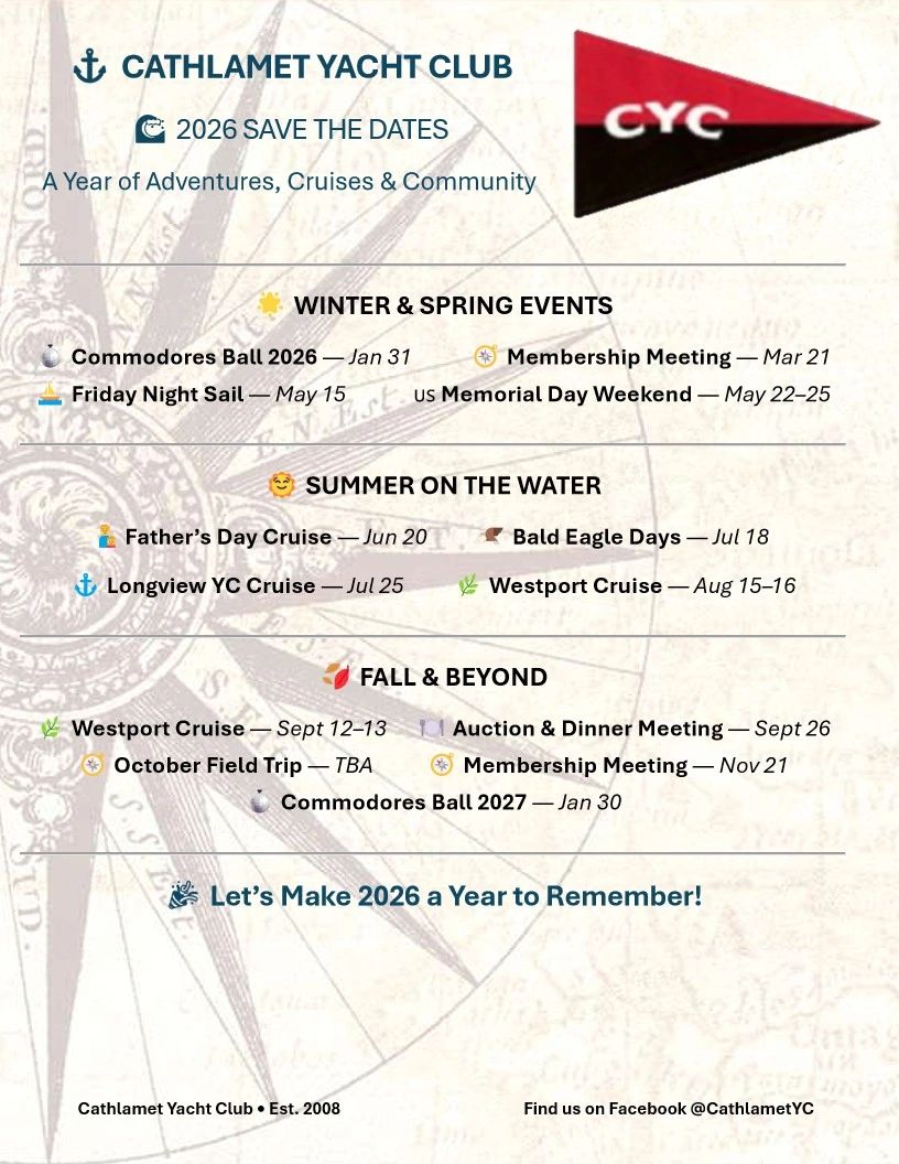 2026 Save the Dates flyer for Cathlamet Yacht Club events